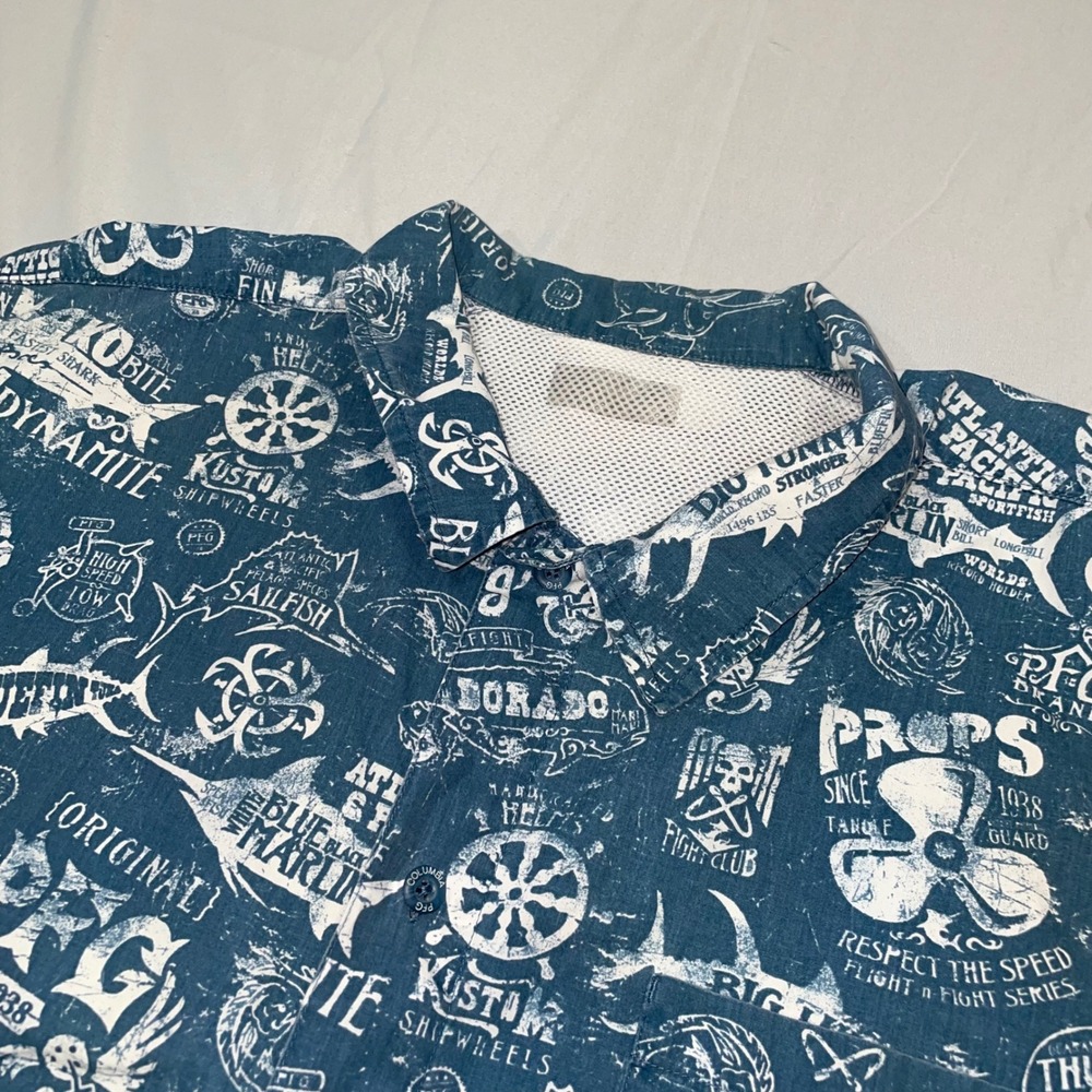 Columbia PFG Mens Short Sleeve Fishing Shirt Blue Graphic Print Cotton XL